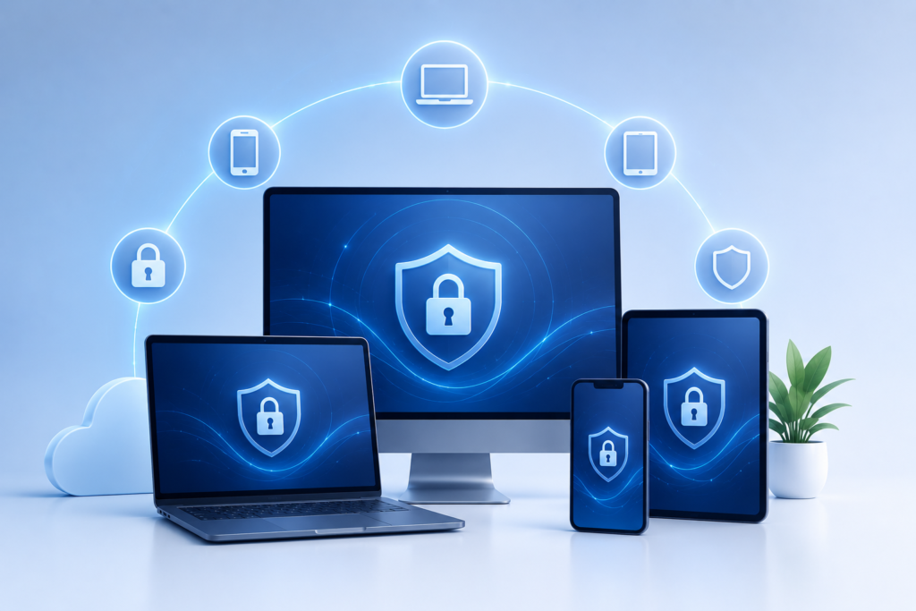 an iMac, MacBook, iPhone and iPad all connected by 365 device protection