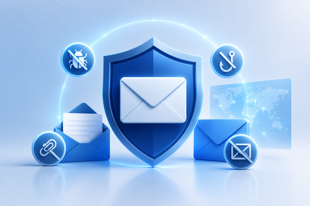 An envelope in a shield surrounded by antivirus icons. The shield is protecting the envelope representing 365 email protection