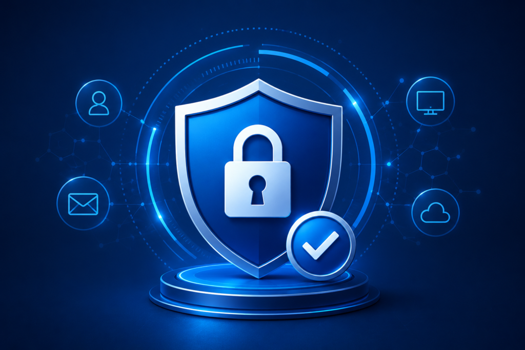 Image of a padlock, a computer monitor, a cloud, an envelope and a person all connected and representing 365 enhanced security