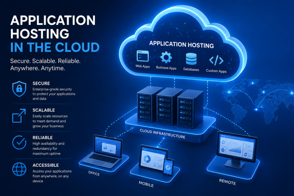 A diagram illustrating cloud application hosting, showing interconnected servers and data flow in a digital environment.