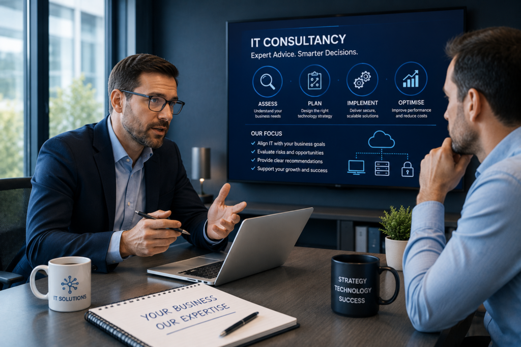 Two business professionals in suits engaged in discussion about IT Consultancy at a table, with a laptop open between them