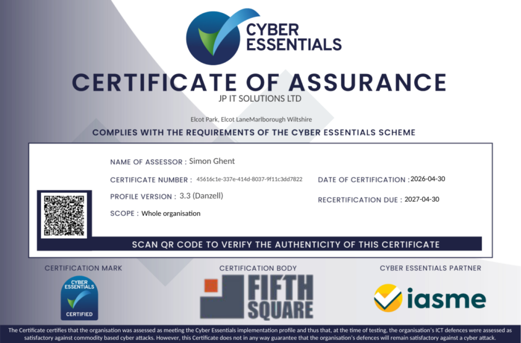 Cyber Essentials certificate of assurance issues to JP IT Solutions on 30th April 2026