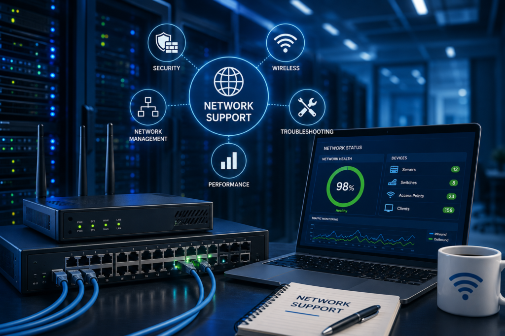 A laptop showing network status, health and devices. Network support diagram showing security, wireless, troubleshooting, network management and performance.