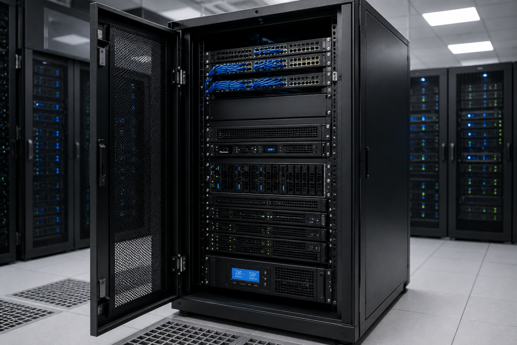 A large server rack filled with multiple servers, showcasing organized technology infrastructure.