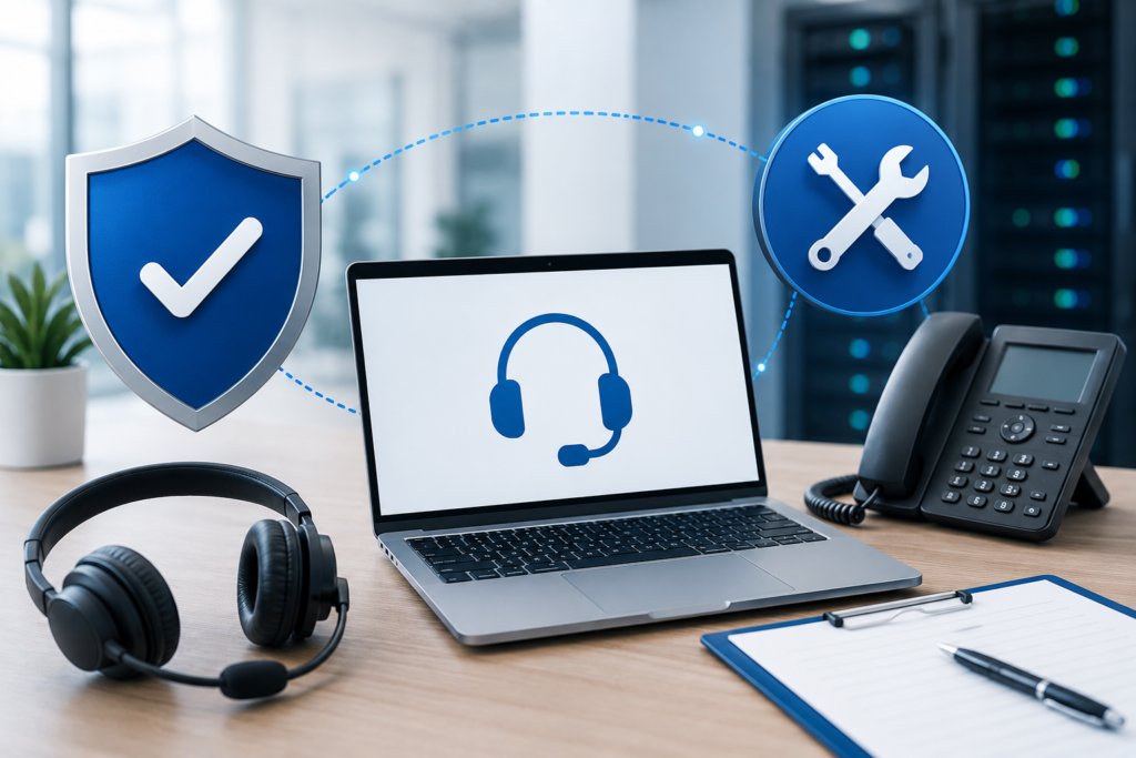 Desk scene showcasing a laptop, headset, and phone, representing the link between being able to take calls on your laptop and giving the laptop internet via the desk phone.