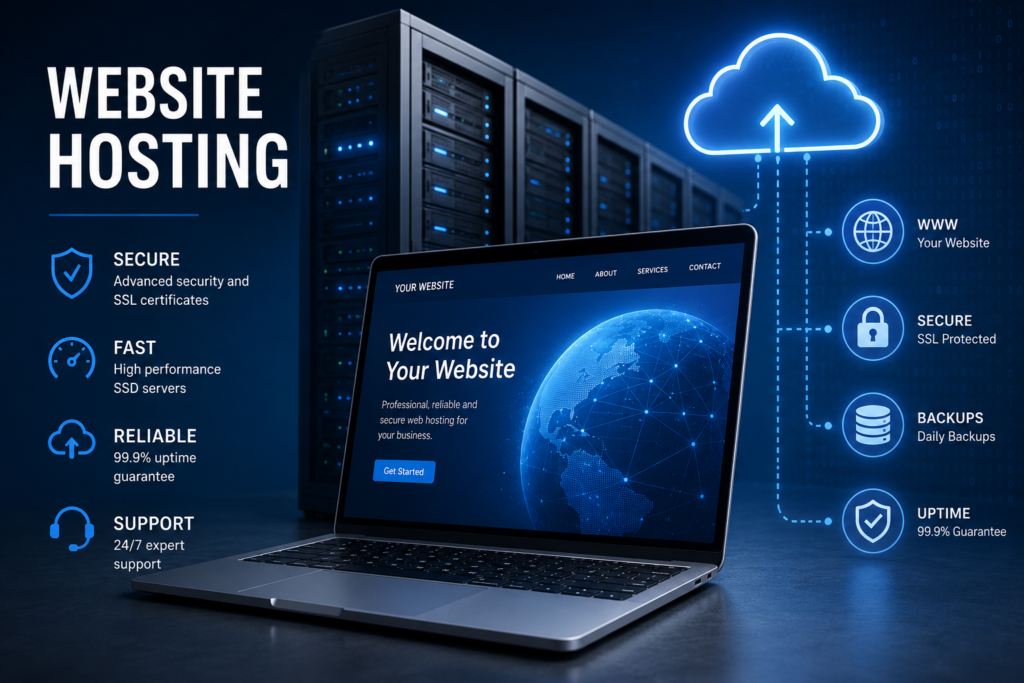 A visual representation of website hosting services, featuring servers, cloud icons, and connectivity symbols.
